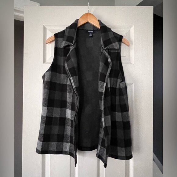 Chaps Black Gray Buffalo Plaid Vest Large L Zip Front Sleeveless Fall Winter - Picture 2 of 3